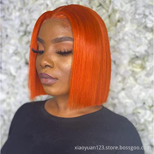 Orange Colored Human Hair Wig Straight Short Bob Lace Front Wig Summer Pixie Blunt Cut Brazilian Remy Wig For Black Women